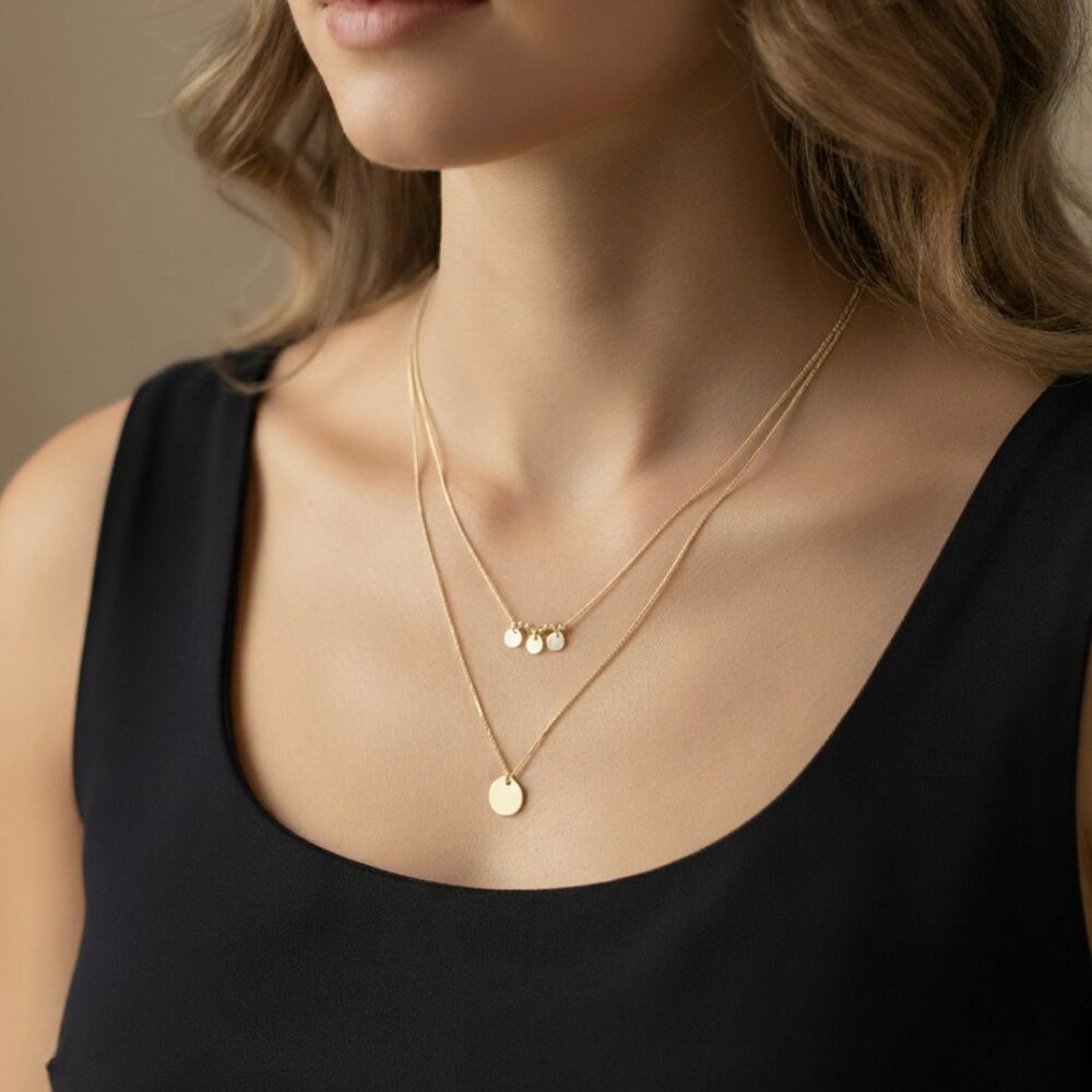 Two-Tiered Gold Disc Layered Necklace with Minimalist Double Chain